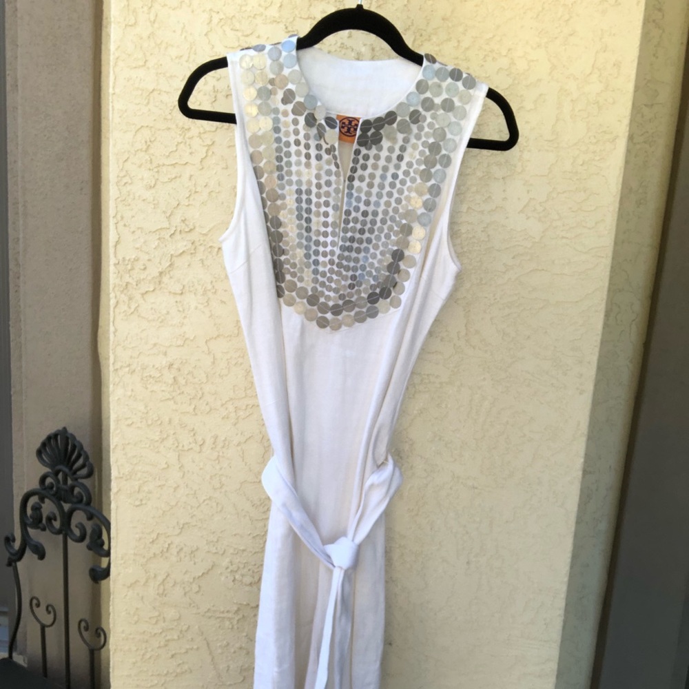 TORY BURCH - linen dress w hooks, platinum sequins on neck & detachable belt